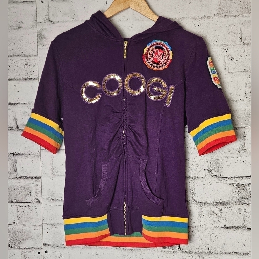 COOGI Purple Short Sleeve Zip Hoodie Gold Sequin Logo Rainbow Trim XL